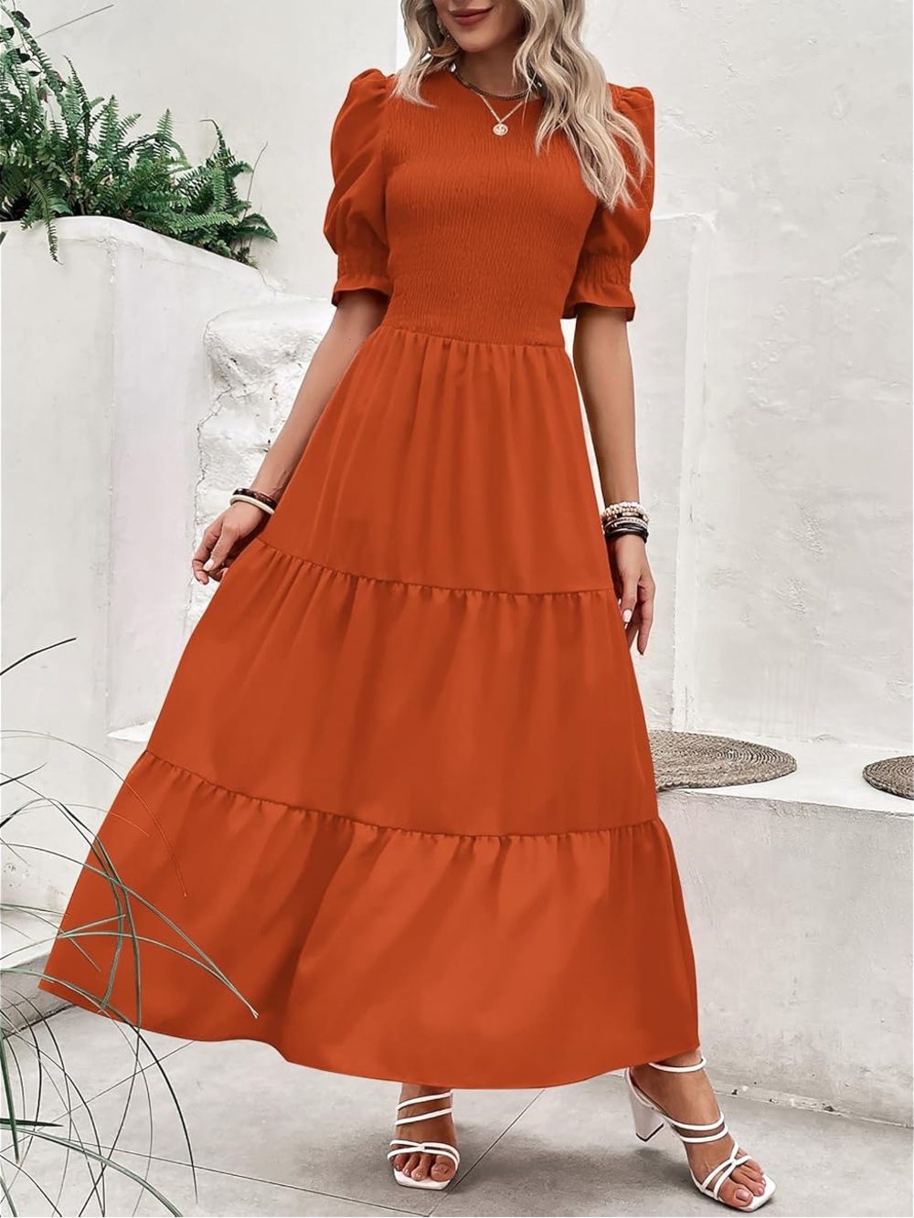 Puff Sleeve Tiered Maxi Dress in Rust Orange